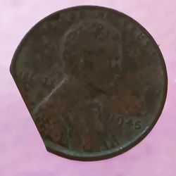 1945 Lincoln PENNY, MINT ERROR, Clipped Planchet 