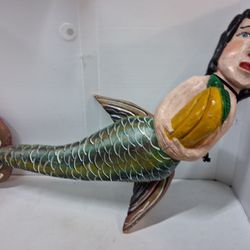 Vintage Unique Mexican Folk Art Mermaid Hand Carved Painted Wood Wall Art 38”
