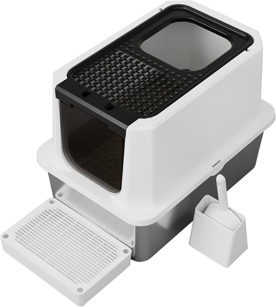 RIZZARI Stainless Steel Litter Box: Leakproof Enclosed Design - Black 23.8" L*15.9" W*16.1" H - Jumbo Size Odor Control For Cats Under 20 Lbs - Bathro