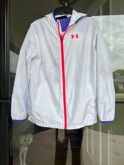 Under Armour White Hooded Windbreaker with Pink Trim Kids YTH Large
