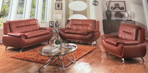 Modern style brown leather three piece couch set