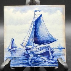 Delft Netherlands Dutch Hand Painted Blue & White Tile - Vintage 1960s Holland