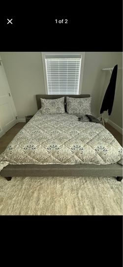 Grey Fabric Platform Queen Bed
