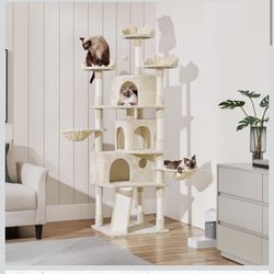 76.5in Multi-Level Large Cat Tree, Big Cat Tower with 3 Condos, Cozy Plush Perches, 9 Sisal Scratching Posts and Ladder, Activity Center for Large Kit