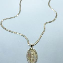 14k Solid Gold Valentina Chain And Virgen Maria Charm ,Necklance Gold Pendant