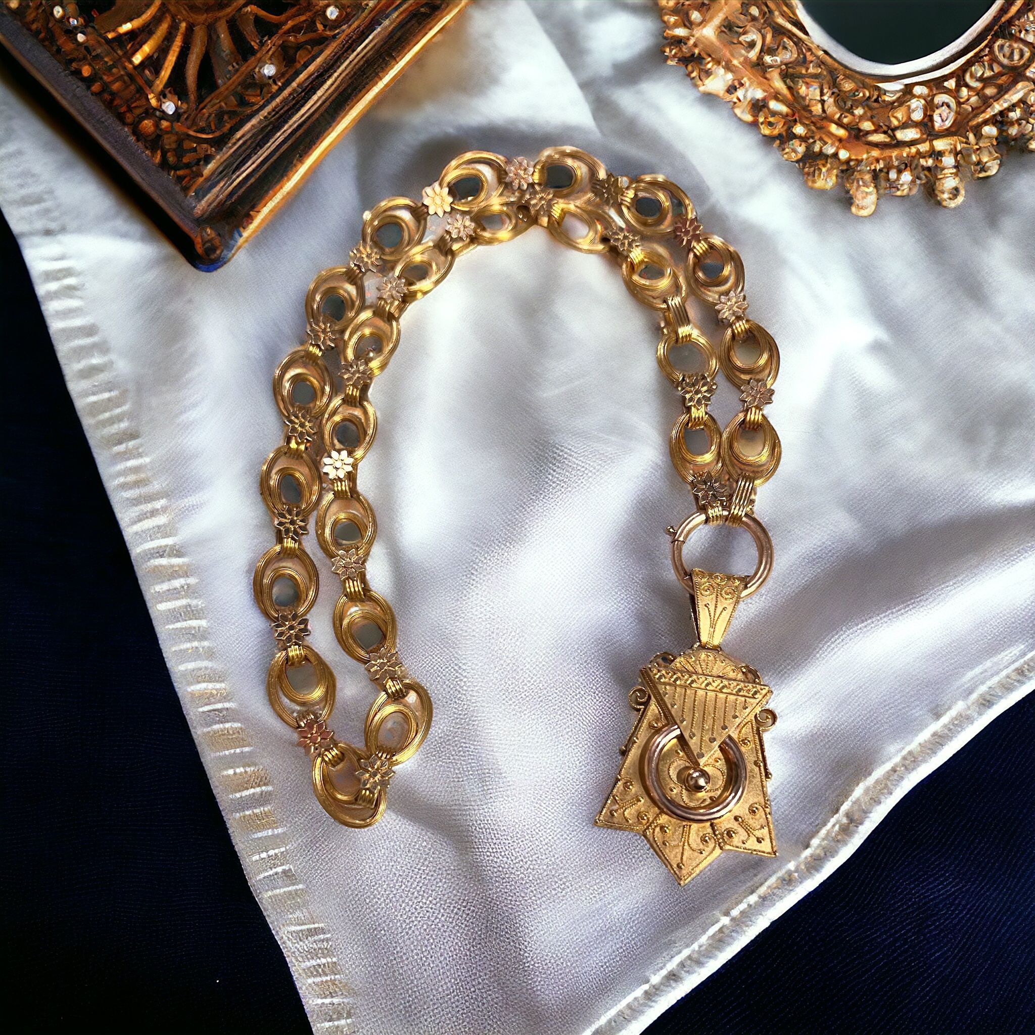 14k Victorian Etruscan Fancy Locket Chain Necklace