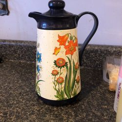 Vintage Retro Beautiful Blue Orange Flowers Carafe Pitcher