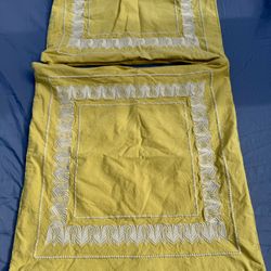 2 ECHO DESIGN Yellow Embroidered Throw Pillow Cases, 24 X 24 Inches Cotton —-please see photos for condition of minor wear 