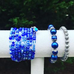 Blue Bracelet, Gift, Bead Bracelet, Blue Stretch Bracelet, Silver Bracelet, Stack Bracelet, Handmade, Long Blue Wrap, Czech Seed Beads