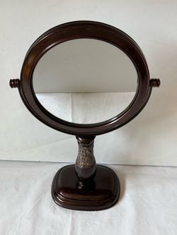 Free Standing Brown Metal Pedestal Two Sided Round Swivel Vanity Mirror with Magnifying Mirror on One Side
