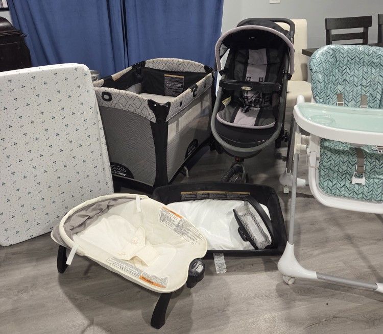 Graco Jogger Stroller, Graco Pack N Play, & Safety 1st Grow N Go Highchair