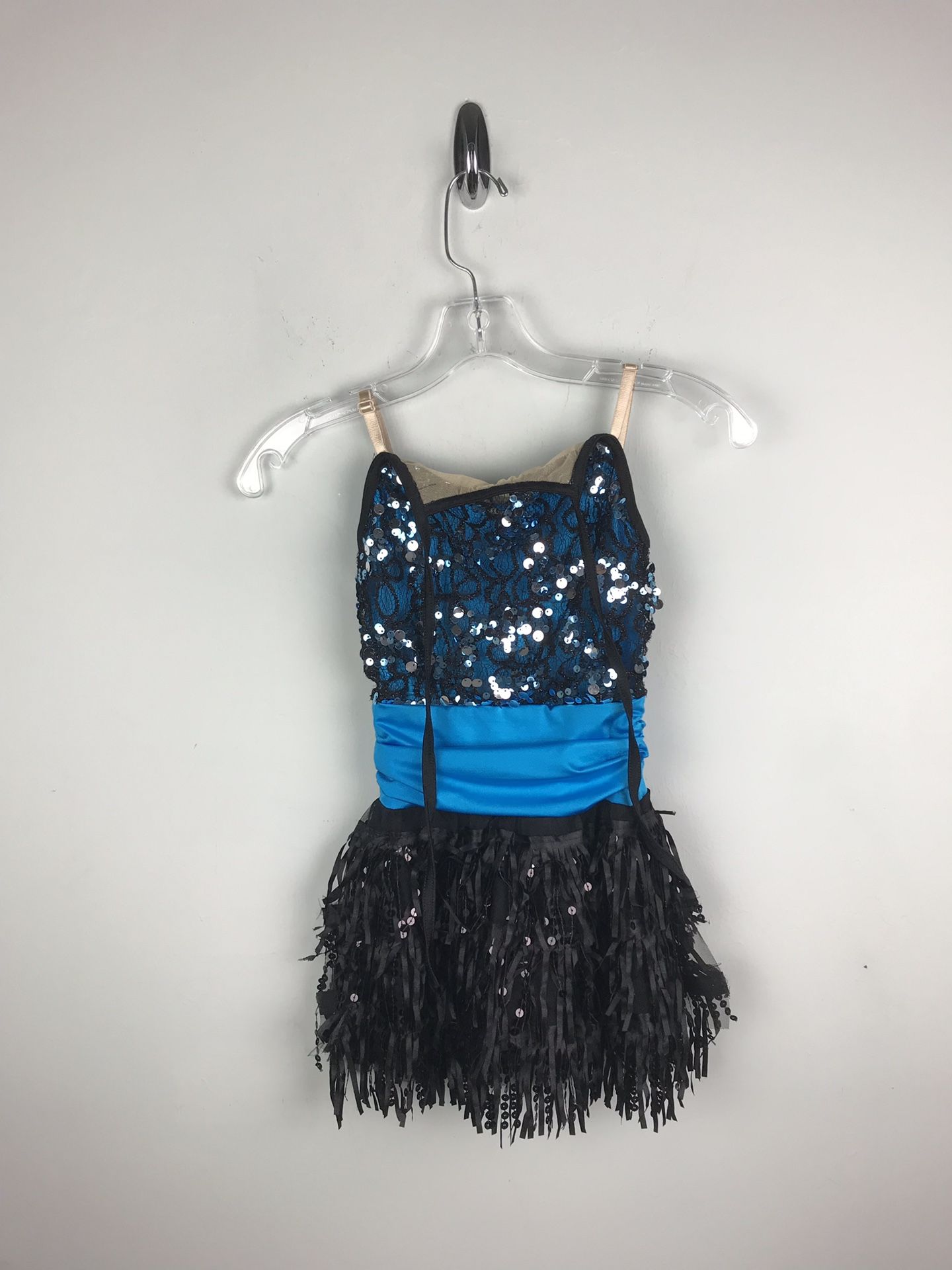 Blue Black Fringe Jazz Dress-Up Sequins Dance Costume Unitard Size Medium