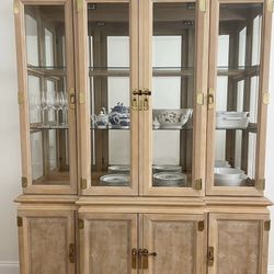 Vintage Chinoiserie-Style Light Oak China Cabinet / Hutch