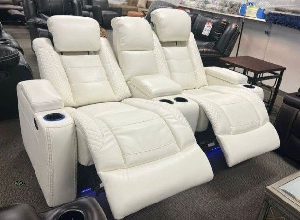 New 💫 White Power Reclining Party Time Faux Leather Sofa, Loveseat , Sectional Available| Living Room Furniture|39$ Down Payment| Fastest Delivery