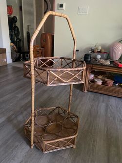 Vintage Rattan Two-Tier Stand with Handle