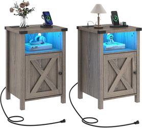 LE04 $85  Farmhouse LED Nightstand Set of 2 with Charging Station, Rustic End Table with Barn Door & Storage Shelf, Bedside Table for Bedroom, Living 