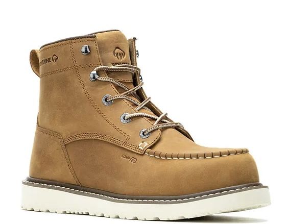 Wolverine Boots Tan Soft Toe Trade Wedge Unlined 6" Moc-Toe Work Boot NEW size 10 and 10.5