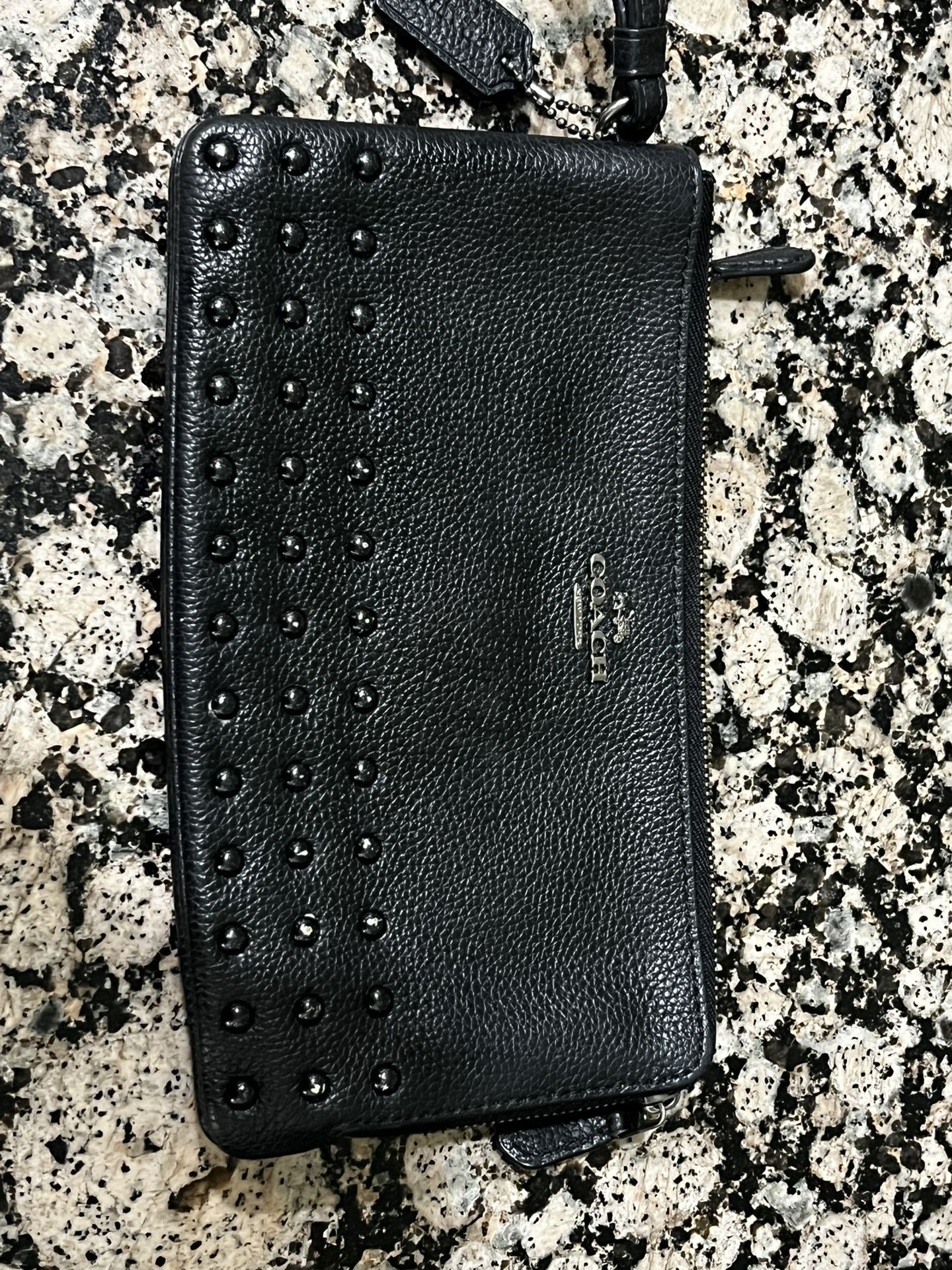 COACH Black Studded Pebble Leather Corner Zip Wristlet