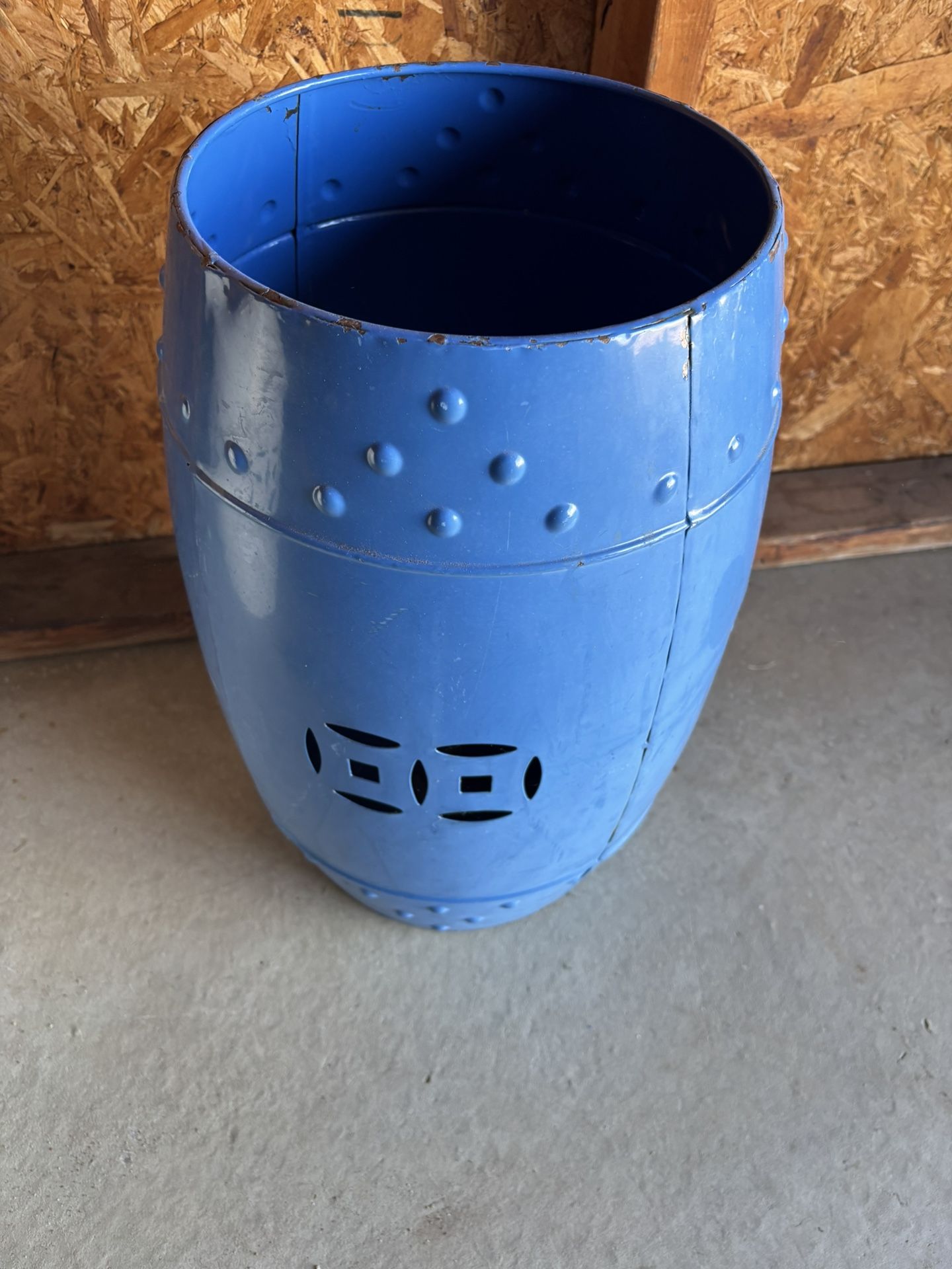 Blue Metal Barrel-needs another coat of paint