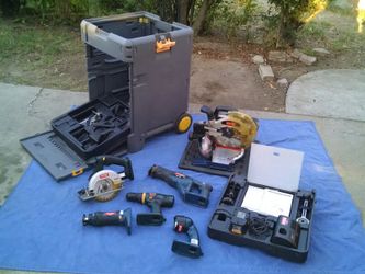 Ryobi 18v six pack complete tool rolling table saw cart