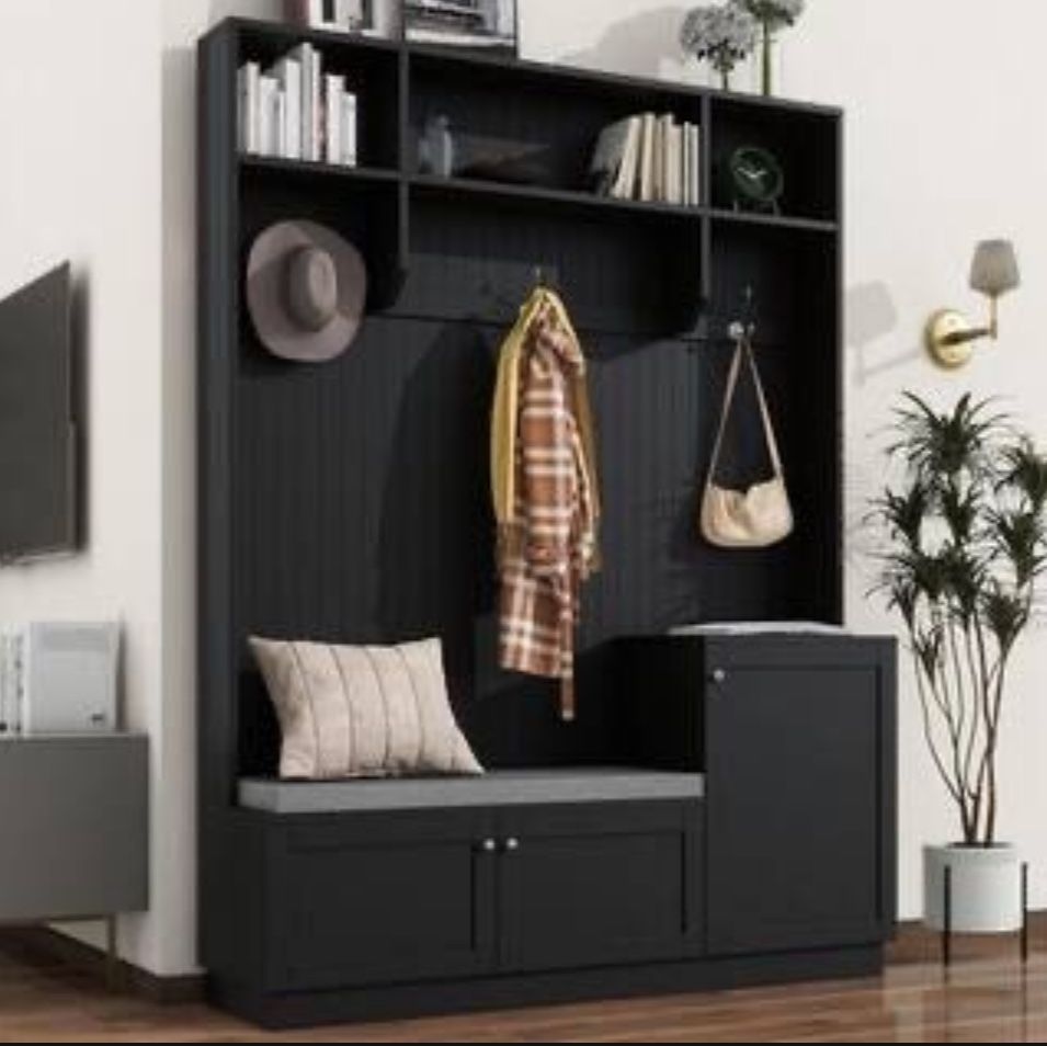NEW Black Multifunctional Hall Tree with Large Cabinets, Convenient Bench with Cushion, 3 Hooks and Storage Shelves
