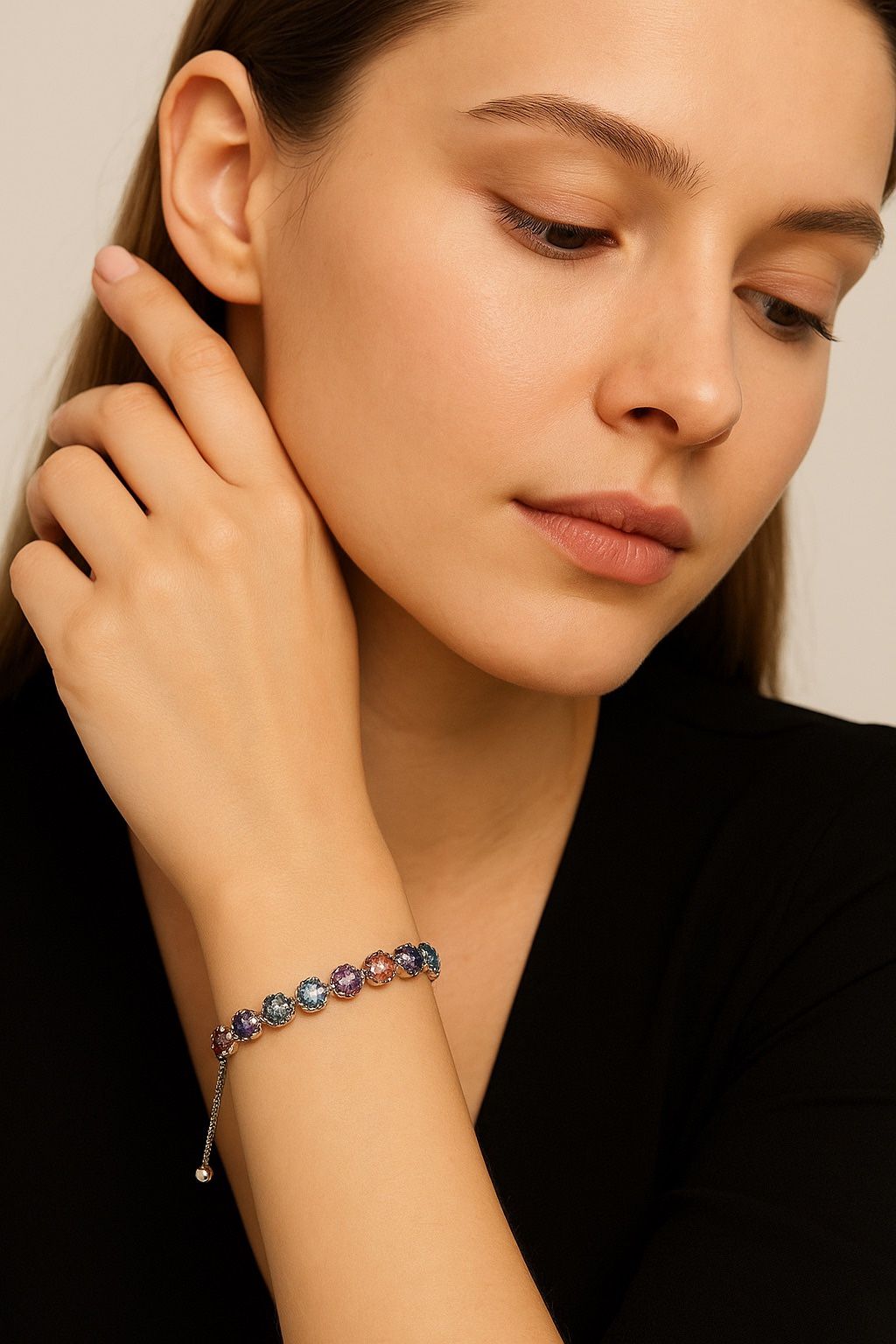 Malaya Elegant adjustable silver bracelet rhodium plated sparkling zircon stones