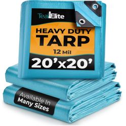 20x20 Heavy-Duty Waterproof Tarp – 12mil Thick, UV Resistant, Rip-Proof w/ Metal Grommets (Blue)