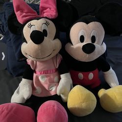 Disney Parks Mickey Mouse And Pink Dress Minnie Plushies 