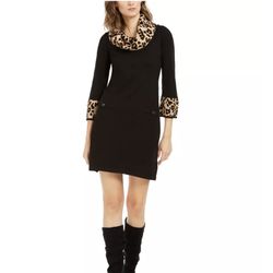 Brand New Woman’s Marc New York by Andrew Marc  brand Animal Print Trimmed Black Sweater Dress Up For Sale 