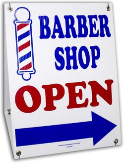 Barber Shop OPEN Sign 18x24 – 2-Sided with Left/Right Arrow, Red/Blue/White, Includes Frame, Grommets & Zip Ties