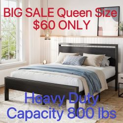 Queen Size Bed Frame, Heavy Duty Metal Platform Bed with Wooden Headboard & Footboard, Black Oak, Adult