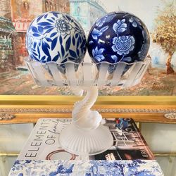 Vintage 7” H x 8 1/4” W Fostoria Glass Frosted Glass Compote Dish with Chinese Dolphin/Koi Base (Circa 1950s)