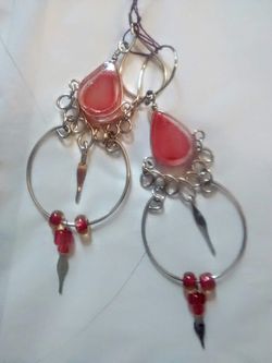 Red glass and sterling silver wire dangle earrings