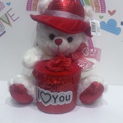 TEDDY BEAR PLUSH WITH BOX - WHITE WITH RED  -