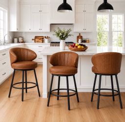 Set of 3 Brown Swivel Counter Height Bar Stools – 26” Upholstered Chairs