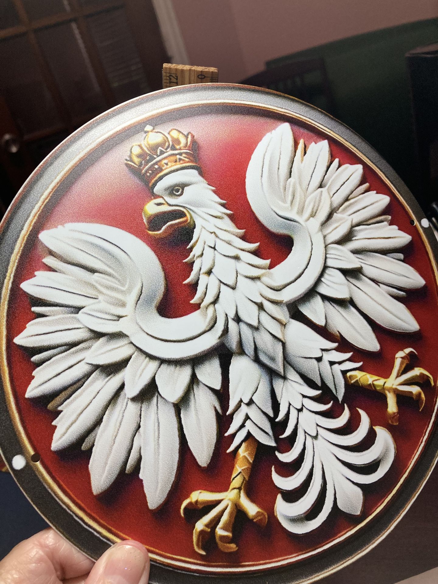 7.5” Diameter Round Wall Art. Polish Crown Eagle Emblem.