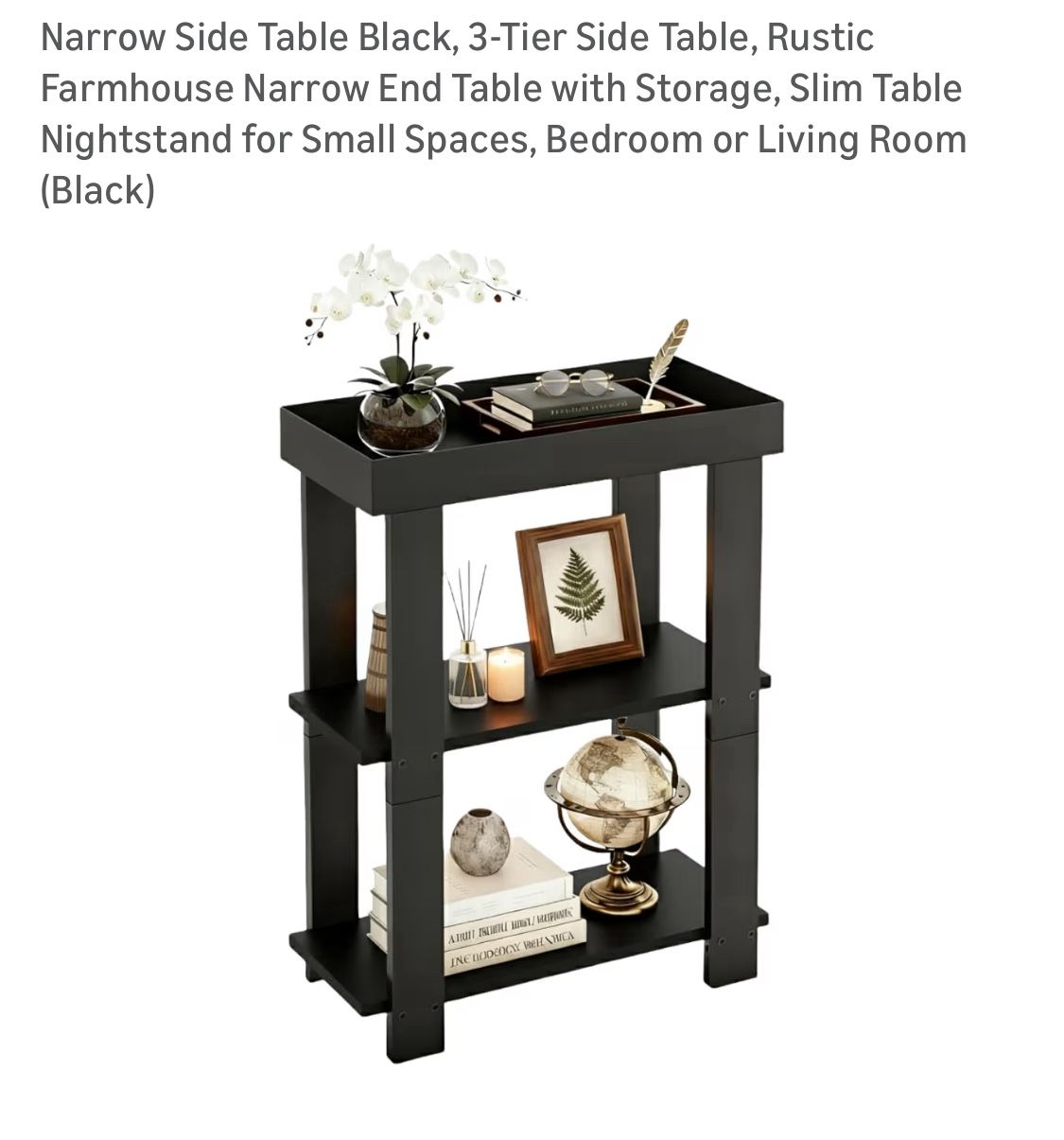 Narrow Side Table Black, 3-Tier Side Table, Rustic Farmhouse Narrow End Table with Storage, Slim Table Nightstand for Small Spaces,