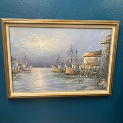 Large Pastel Color Boats At Dock Oil On Canvas Painting 