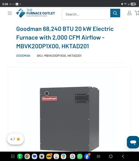 Goodman 68,240 BTU 20 kW Electric Furnace with 2,000 CFM Airflow - MBVK20DP1X00, HKTAD201