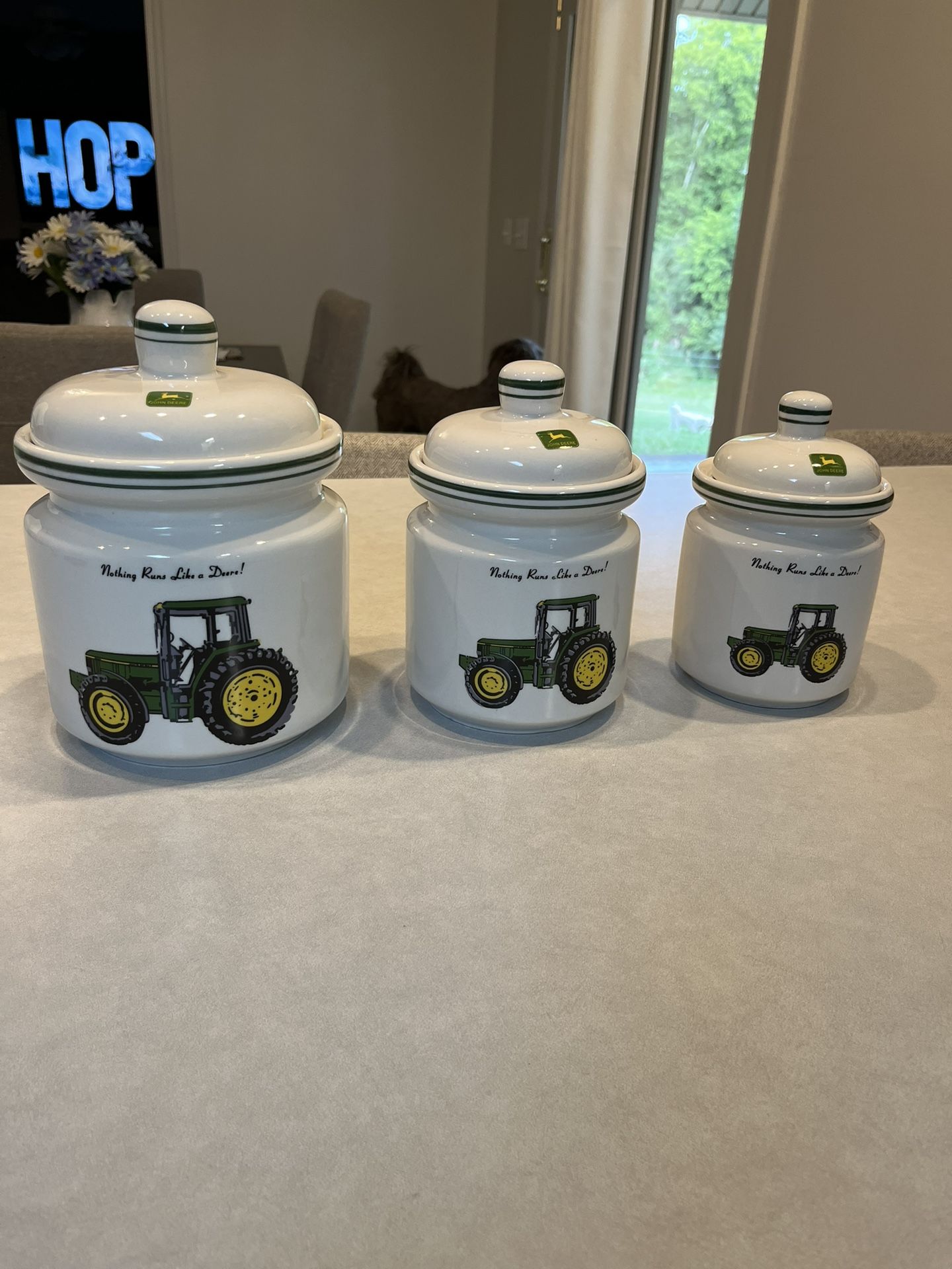 John Deere Canister Set  (small One Lid Is Cracked And chipped Inside 