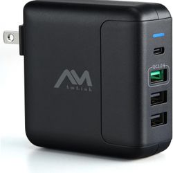 USB Wall Charger 40W, AMLINK 4-Port USB C Charger, QC 3.0 Fast Charger Block, Multiport USB Charger Foldable Power Adapter for iPhone 14/14 Pro/14 Pro