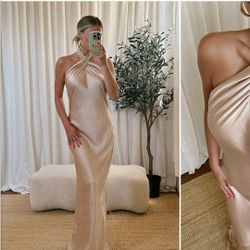 Yasmin Halter Gown - Champagne Satin