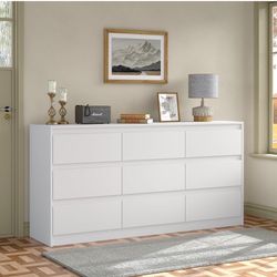 Modern 9 Large Storage Drawers Dresser for Clothes Organizer, White Modern Chest of Drawers for Closet, 63" Long 