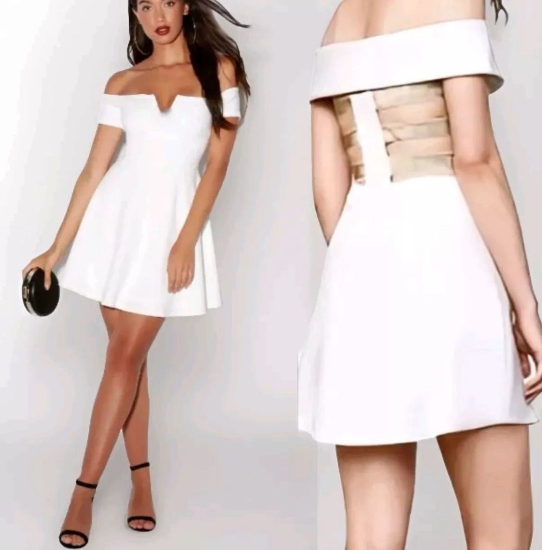 NWOT Defect BCBG Max Azria “Carolyn” Off The Shoulder Flare Dress White / Glitter Gold Women 8 Stain Last Photo - Have not tried to remove