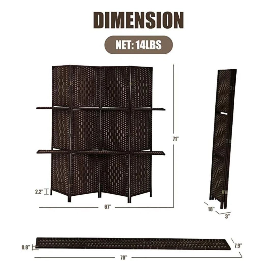 4 Panels Dark Brown Room Divider Wall with Removable Storage Shelves ( 18"L x 1"W x 71"H each panel )