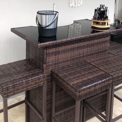 5-Piece Metal Rectangle Bar Height Outdoor Serving Bar Set with 4-Chairs and Glass Tabletop 2