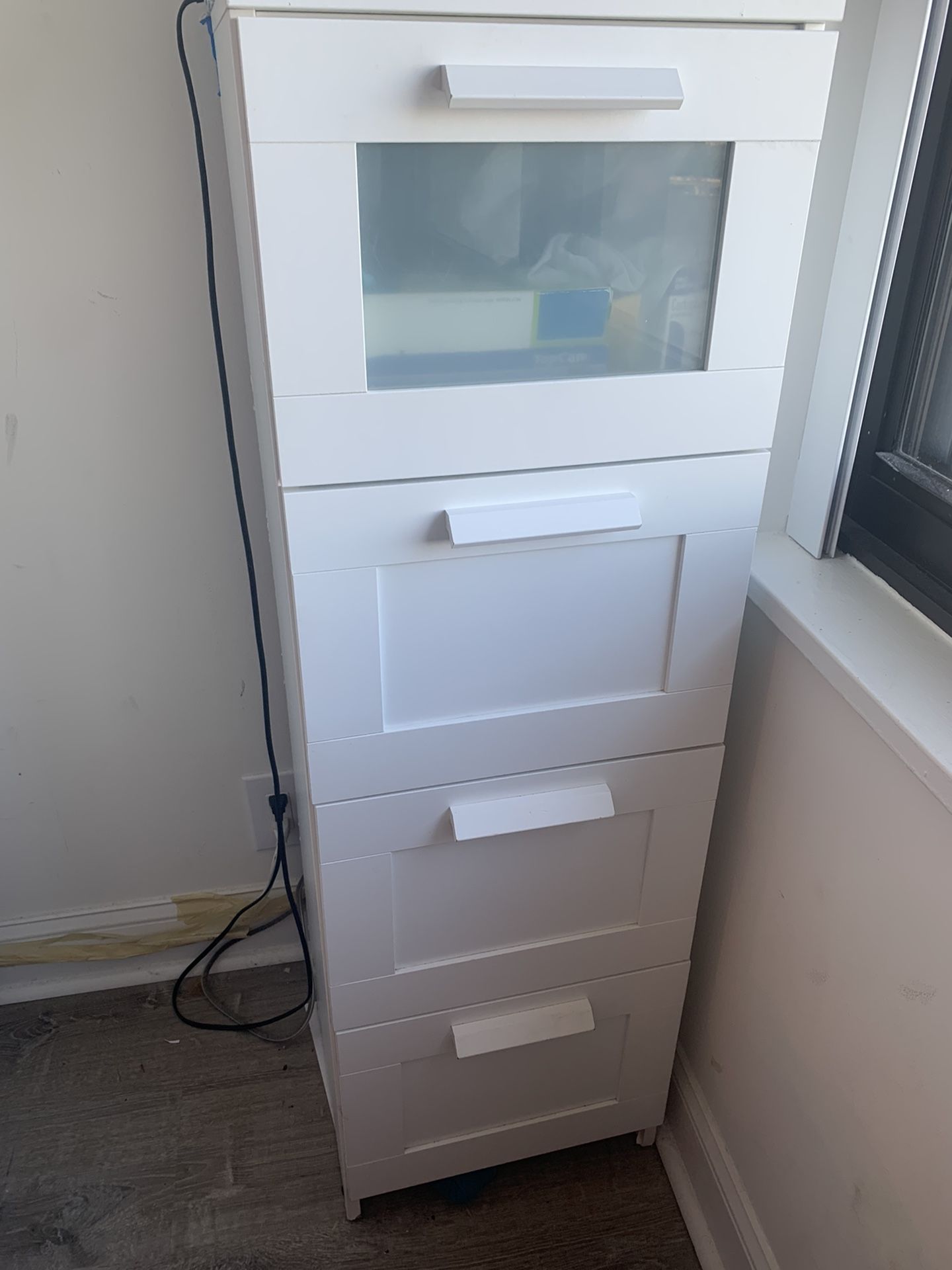 Ikea Brimnes Chest / Dresser of 4 drawers, white/frosted glass.