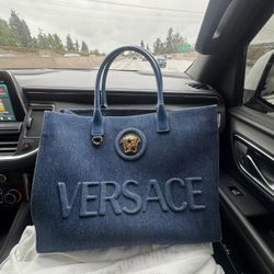 VERSACE LA MEDUSA DENIM LARGE TOTE BAG
