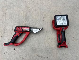 Milwaukee double cut shear 18v like new asking $200 and Milwaukee led light 18v $90