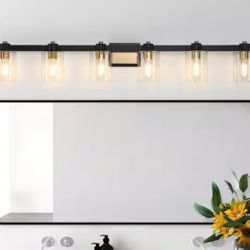 50 in. 6-Light Matte Black and Gold Bathroom Vanity Light 